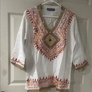 Bohemian White and Orange Embroidered Blouse